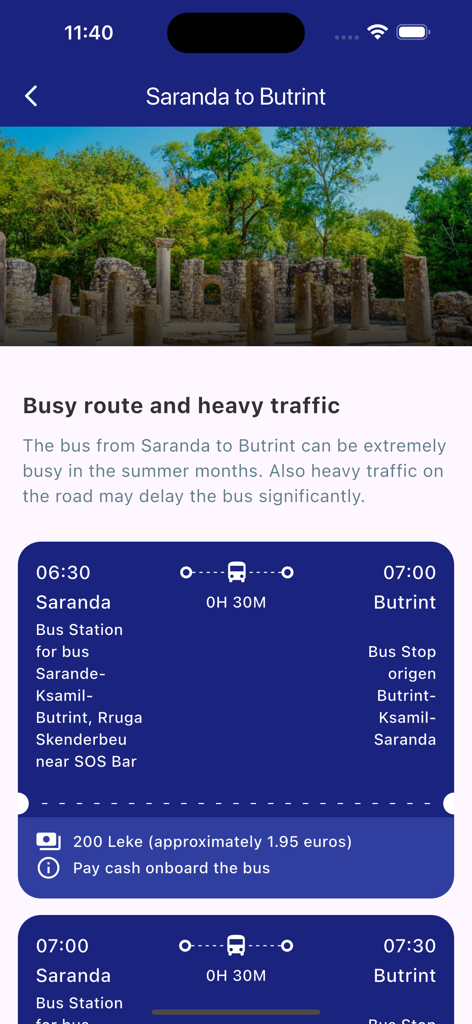 Albania Bus Timetable - Bus schedule from Saranda to Butrint showing travel time price in Leke and cash payment instructions