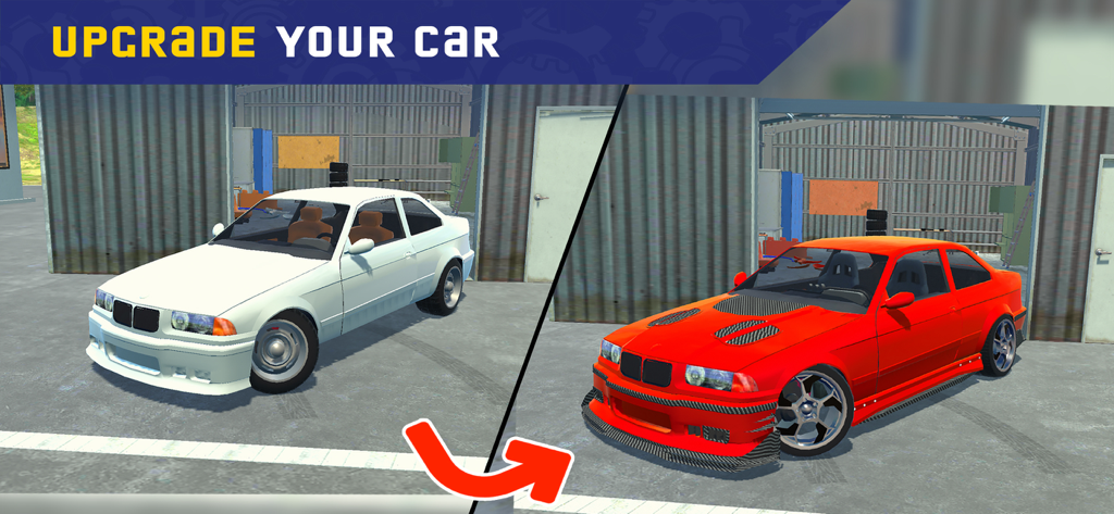 My First Summer Car: Mechanic - Comparación antes y después que muestra un coche blanco de serie transformado en un coche rojo tuneado en un garaje