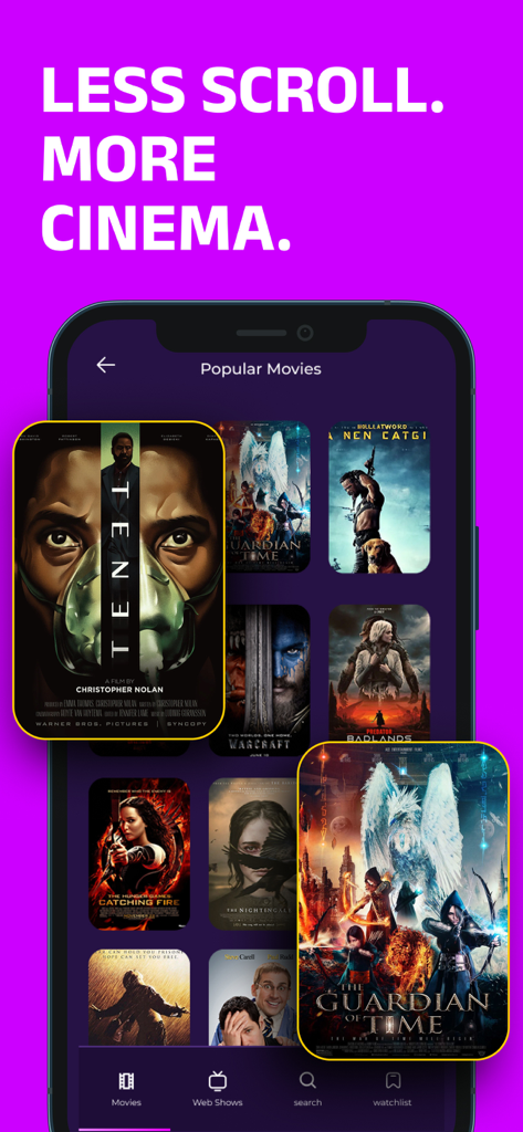 Interface d'application mobile affichant une grille d'affiches de films populaires avec le texte moins de défilement, plus de cinéma