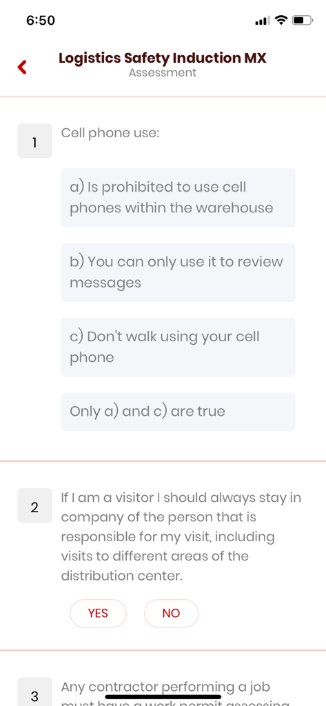 Safety 360 - ABInBev - Preguntas de evaluación de inducción de seguridad logística en la aplicación Safety 360