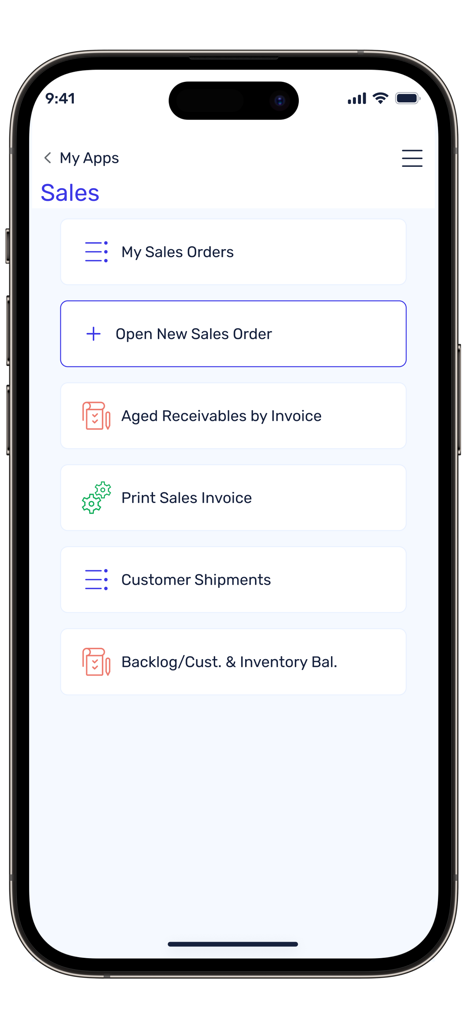 Priority Mobile - Interface du menu des ventes de l'application Priority Mobile sur iPhone