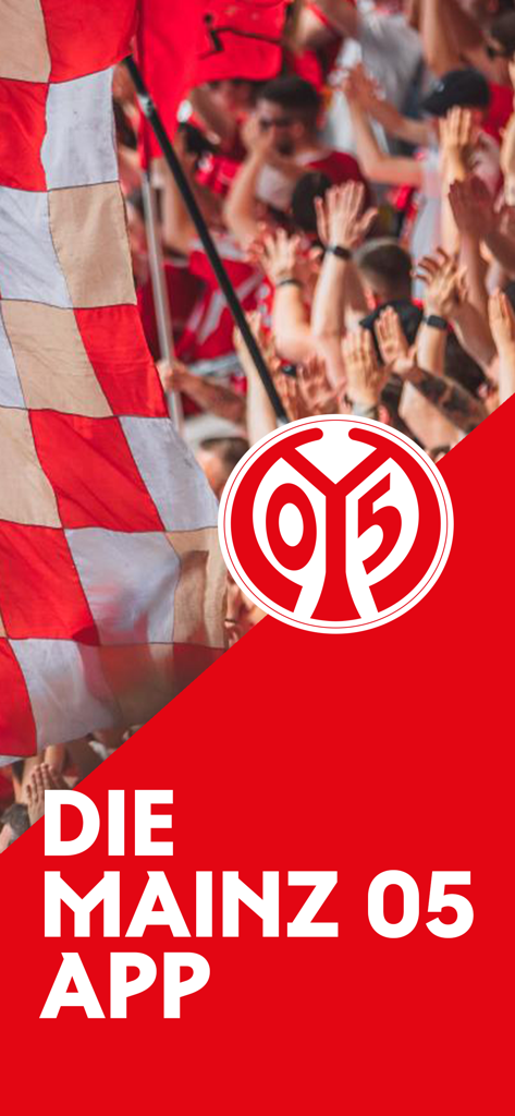 Tela de introdução do aplicativo oficial do Mainz 05 com o logotipo do clube e torcedores comemorando no estádio