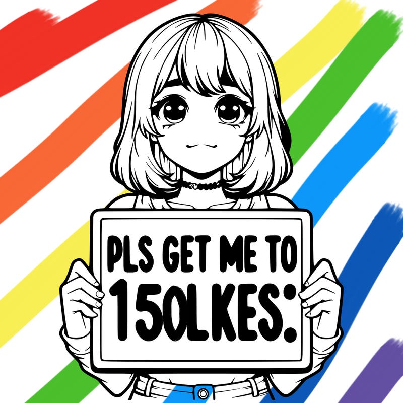 realistic girl holding up a sign that says “pls get me to 15 likes!”