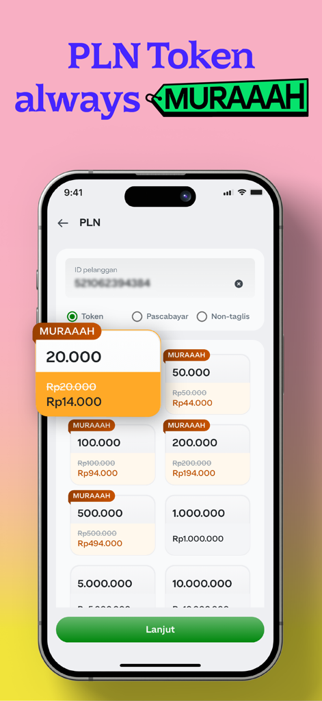 A screenshot of the GoPay app displaying discounted PLN electricity token purchase options for Indonesian utility payments.