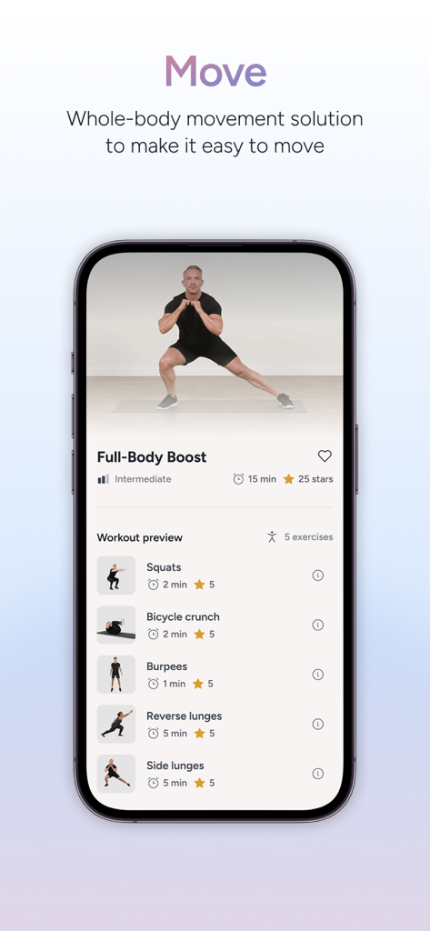 Sword Health: AI Care - Interfaz de la aplicación Sword Health que muestra un entrenamiento Full Body Boost con una lista de ejercicios y tiempos estimados.