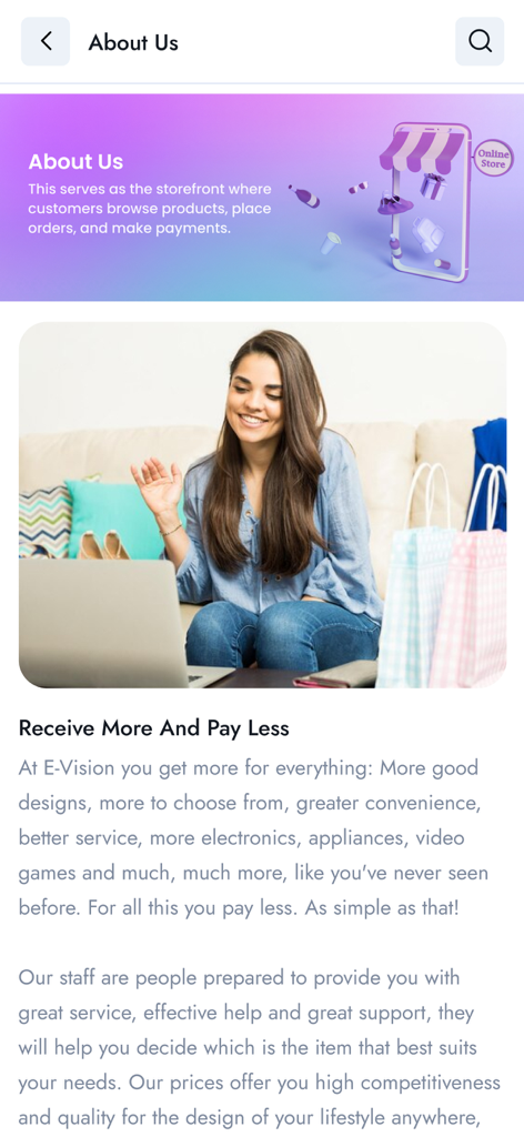 Pantalla Acerca de nosotros de la aplicación E Vision que muestra información de compras y una mujer usando una laptop.