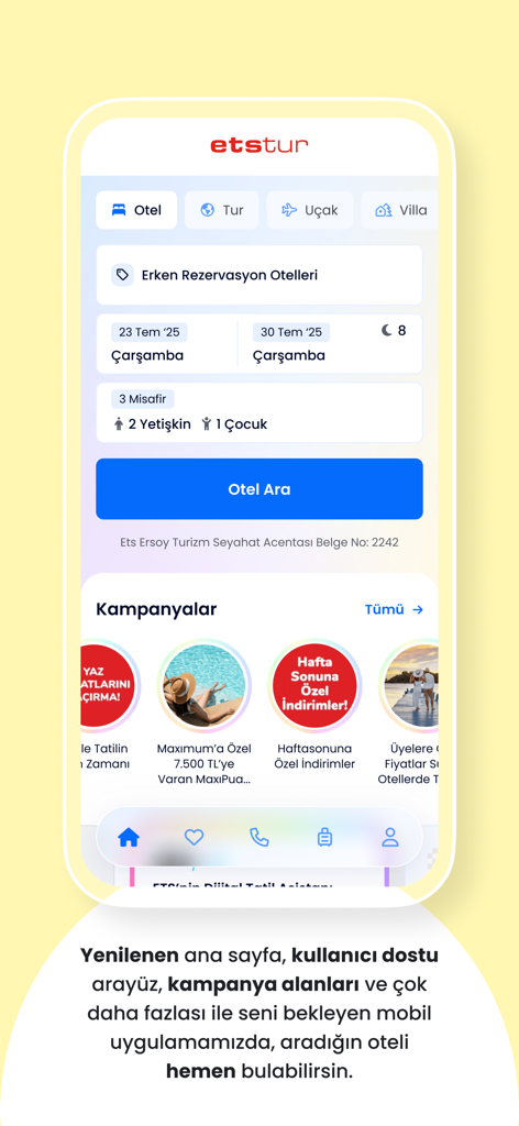 Etstur mobile app dashboard showing hotel search options and travel deals