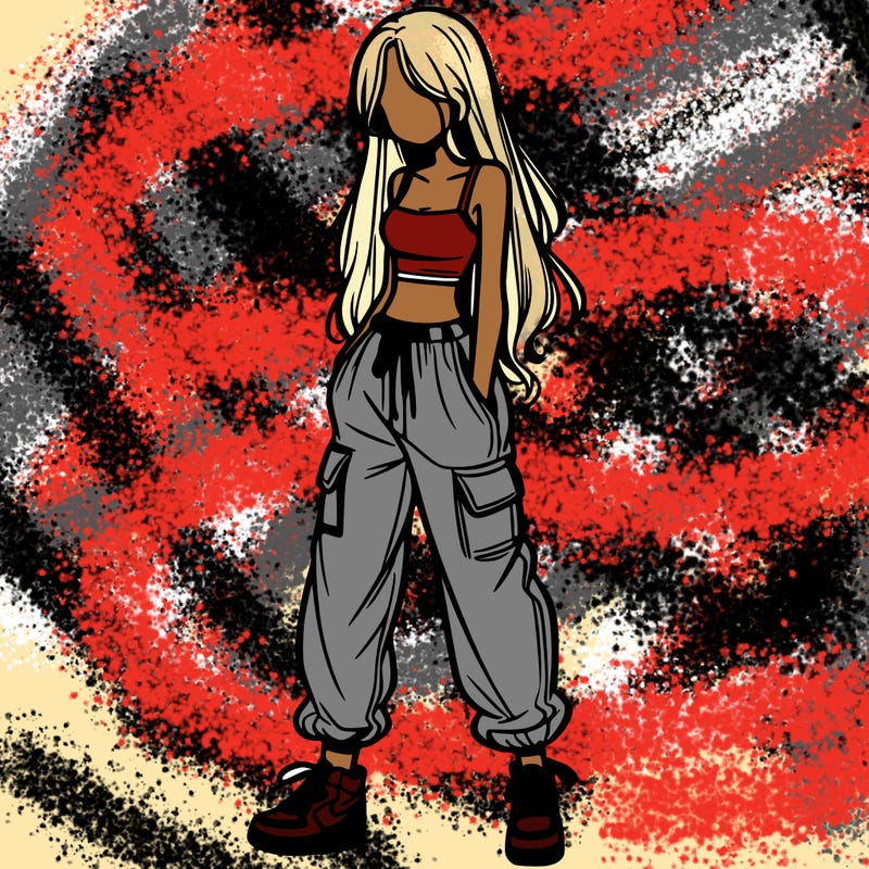 girl in baggy pants crop top and long hair