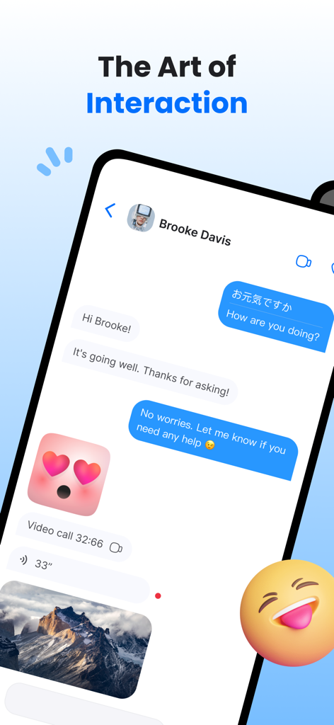 ChatMe - Chat with me - Interface of the ChatMe messaging app showing a chat with text, Japanese translation, stickers, and a shared photo.