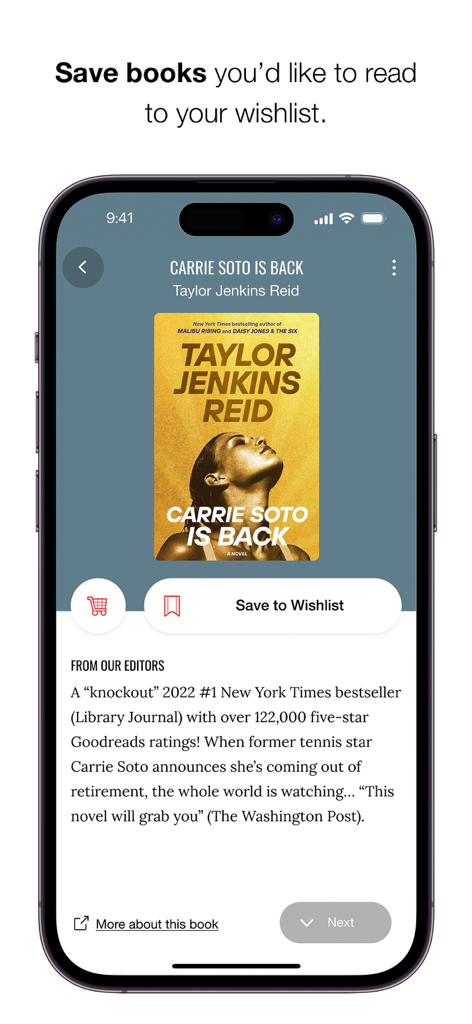 BookBub app screen showing a book detail page and a save to wishlist button.