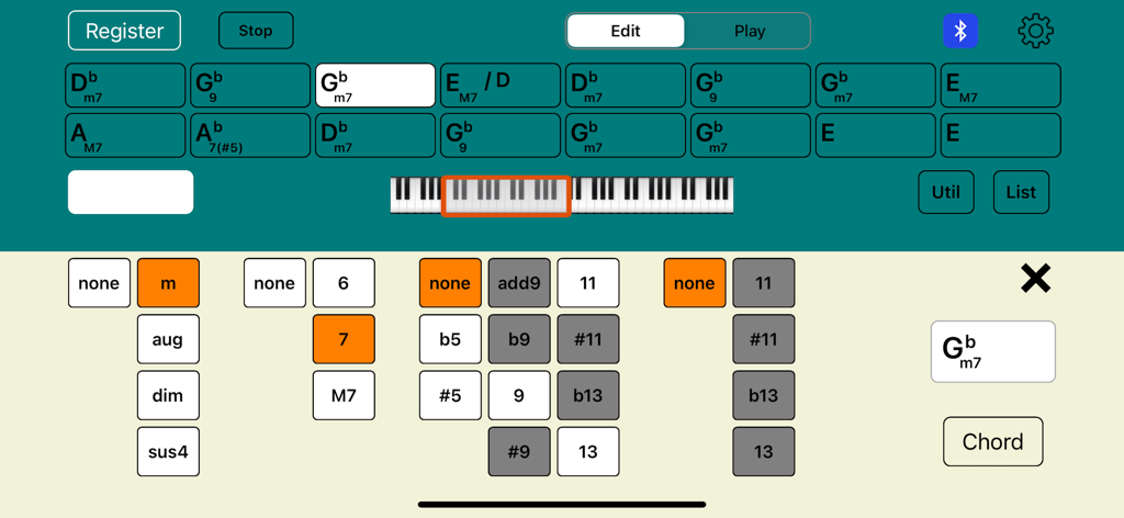 Piano Chords Master [Classic] - Interface showing the 16 bar chord progression sequencer and chord selection tools in the Piano Chords Master app