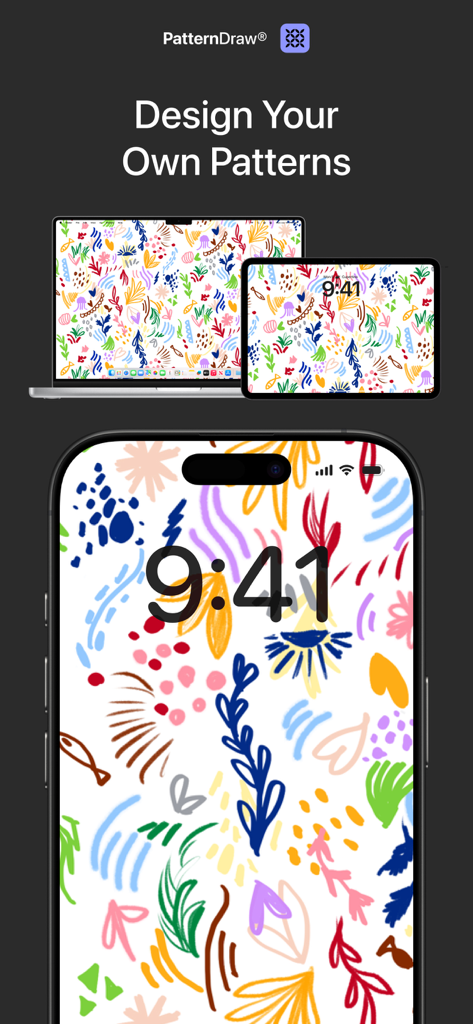 PatternDraw app displaying a custom floral pattern on an iPhone iPad and MacBook