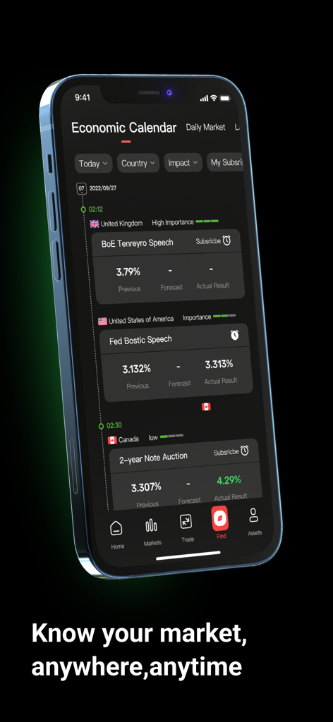 A smartphone showing the economic calendar feature in the EC Markets Trading app with upcoming financial speeches and market data