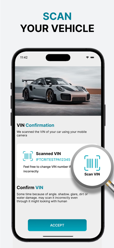 VIN Number Check and Decoder - Un teléfono inteligente que muestra la función de escaneo y confirmación de VIN de la aplicación Verificación de Número VIN