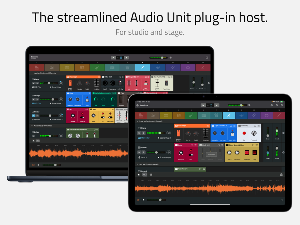 Sessions app interface displayed on a MacBook and iPad showing the audio unit plug-in host and mixer