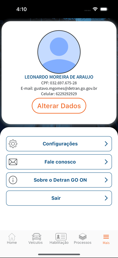 Detran GO ON - User profile and settings menu in the Detran GO ON app