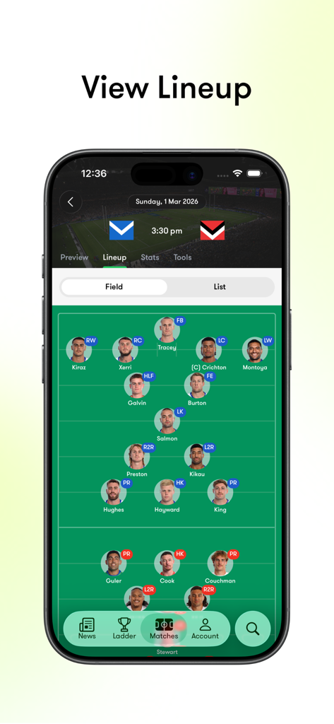 Tryline: NRL Scores & Stats - Tryline app interface displaying a rugby league starting lineup on a digital field