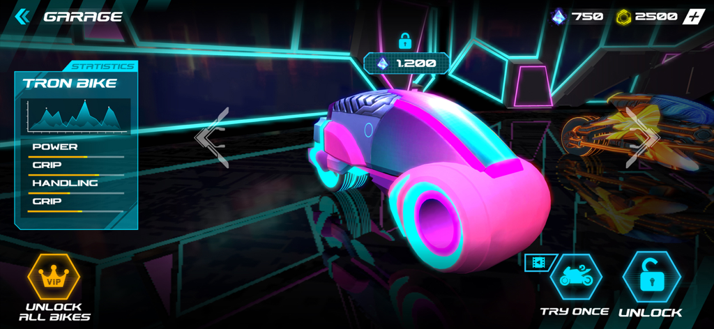 Neon Rider - Xtreme,Stunt,Race - A pink and blue neon futuristic bike in the game's garage menu with performance statistics and unlock options.