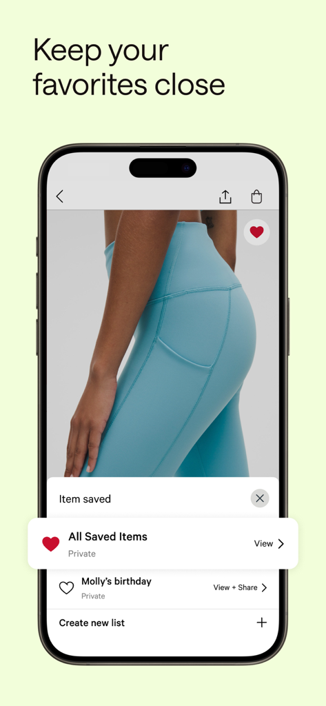 lululemon - Lululemon mobile app screen displaying the wishlist and saved items feature with blue leggings.