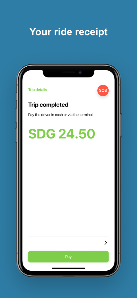 Tirhal - Mobile screen showing a completed Tirhal ride receipt with a total of 24.50 Sudanese Pounds.