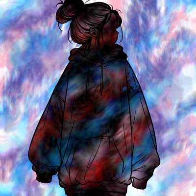 realistic girl with a oversized sweatshirt on and a bun