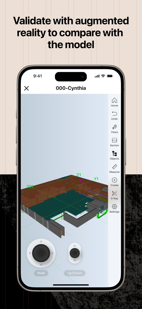 Procore - Procore mobile app interface displaying a 3D construction model with augmented reality tools for field validation.