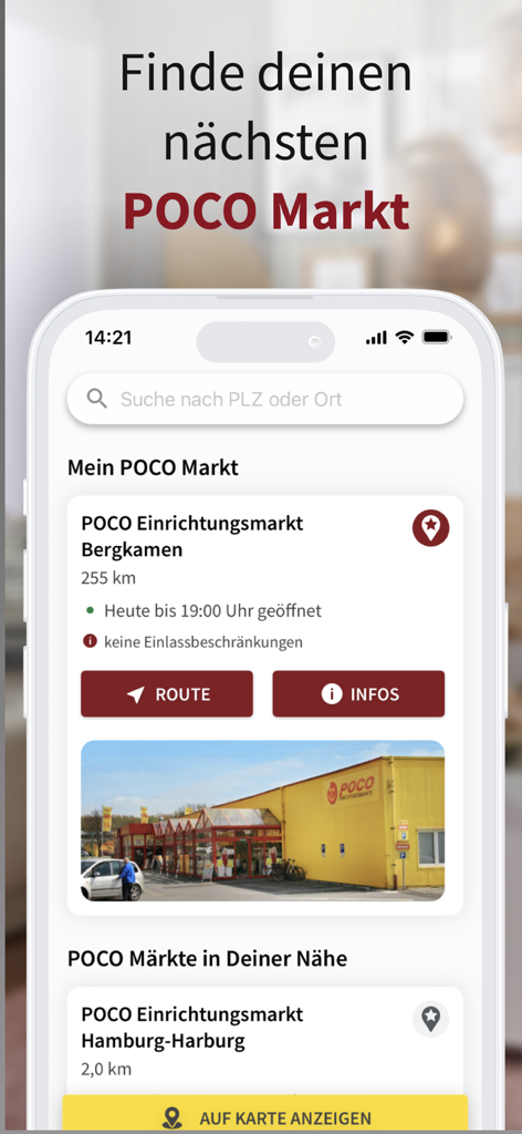 POCO I Möbel, Deko & Prospekte - The POCO mobile app store locator screen displaying nearby furniture store locations with opening hours and route directions