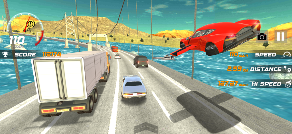 Highway Traffic Racer Car Ride - A red car performing a stunt jump over traffic on a bridge in Highway Traffic Racer