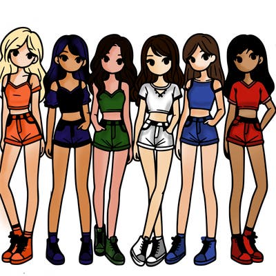 a group of girls wearing crop tops and shorts