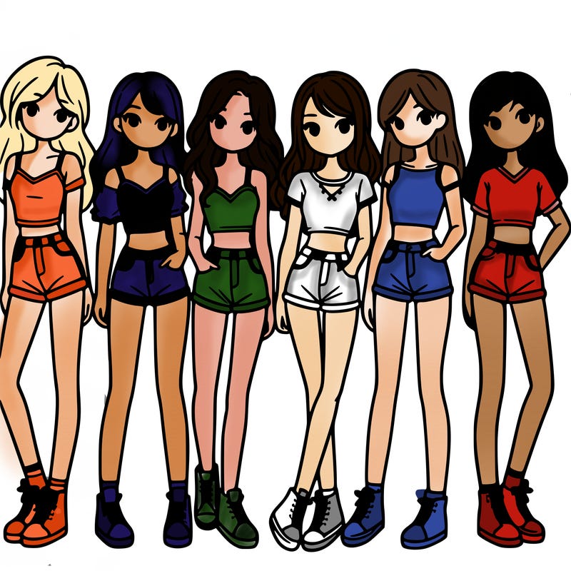 a group of girls wearing crop tops and shorts