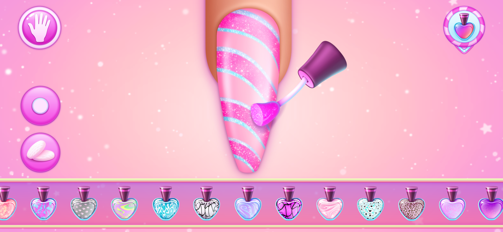 Nail Salon Games For Kids - Una uña a rayas con purpurina rosa y azul siendo pintada en un juego de salón de uñas creativo para niños.
