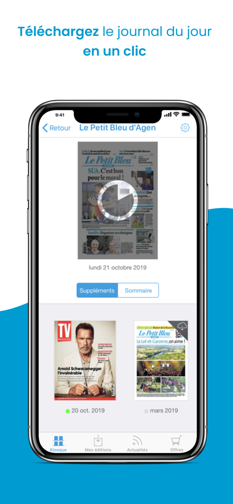 Journal Le Petit Bleu d'Agen - Interface de l'application Journal Le Petit Bleu d'Agen sur smartphone montrant les éditions du journal quotidien et les suppléments magazine