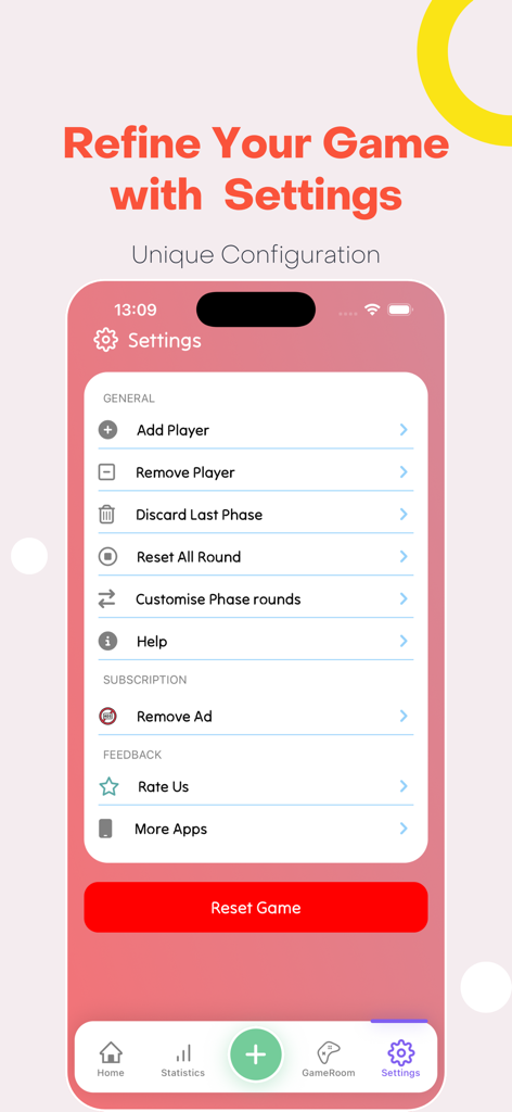 Phase 10 Scoreboard - Settings menu of the Phase 10 Scoreboard app showing options for player management and game customization