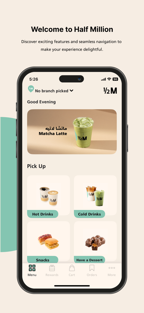 Half Million coffee app main menu showing drink and snack categories for pick up