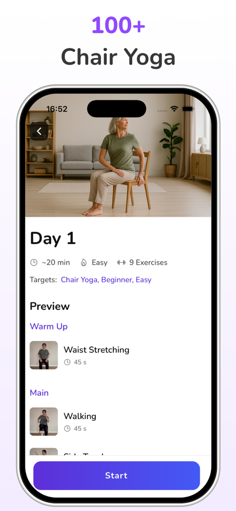 Interfaz de la aplicación Chair Yoga for Seniors que muestra un entrenamiento del Día 1 con una mujer practicando una torsión sentada en silla.