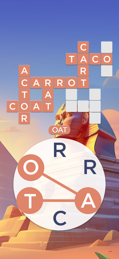 Crossword puzzle gameplay in Words of Wonders featuring the Great Sphinx of Giza background