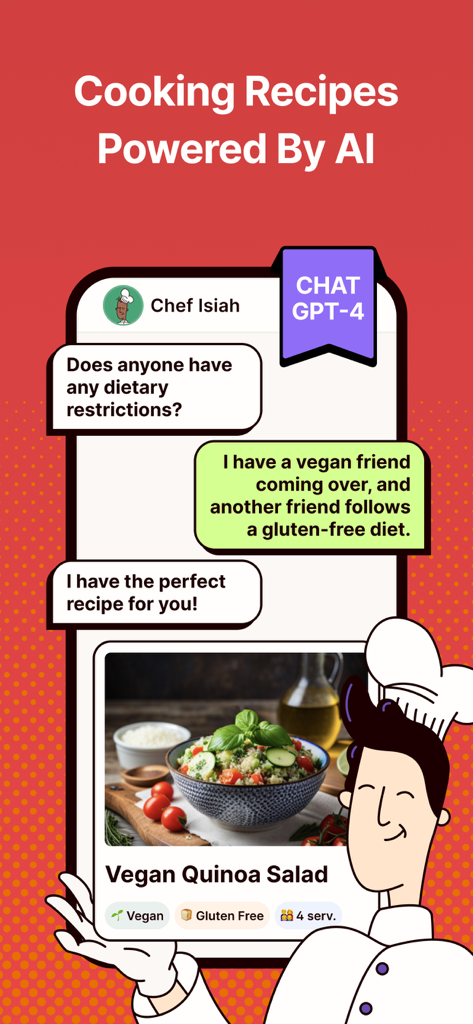 Magic Chef AI app chat interface showing a vegan and gluten free quinoa salad recipe suggestion powered by ChatGPT 4.