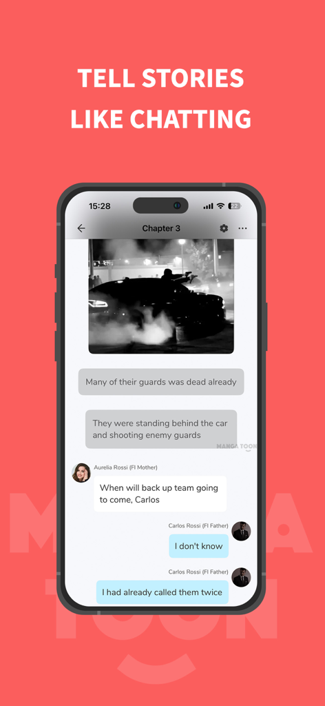 MangaToon: Comic & Manga - MangaToon mobile app interface displaying a narrative in a chat message format