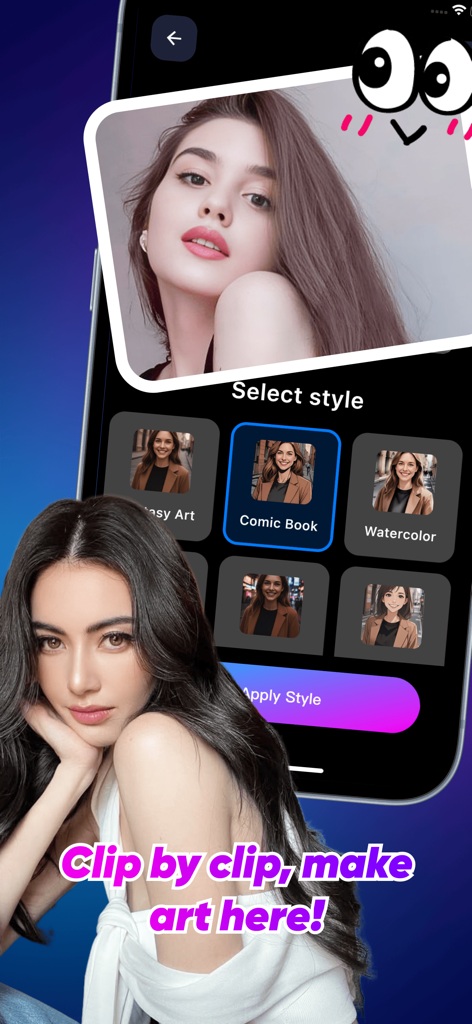 Vinv app interface showing AI style selection options for transforming photos into comic book and watercolor art styles.