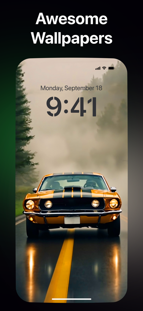 iPhone 잠금 화면에 표시된 노란색 클래식 머슬카 배경화면.