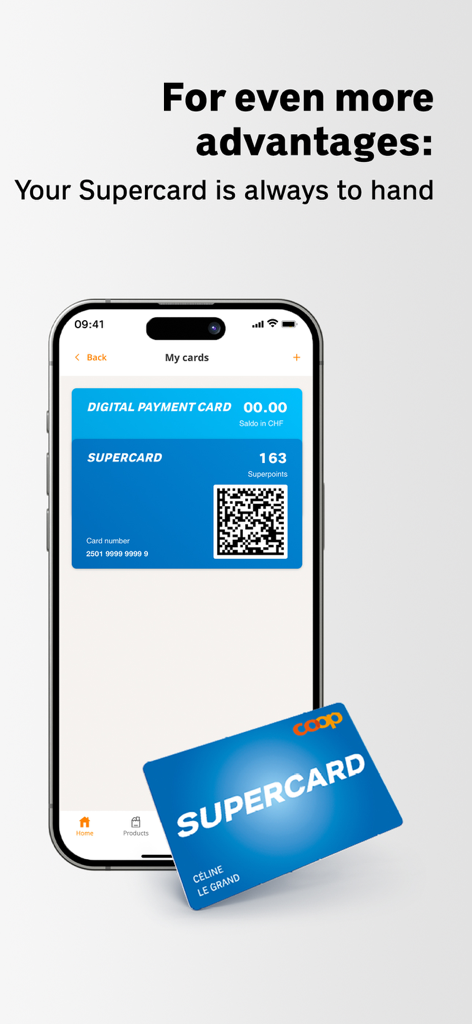 Smartphone-Bildschirm mit der Coop Supercard mit einem QR-Code und Guthabenstand der Treuepunkte
