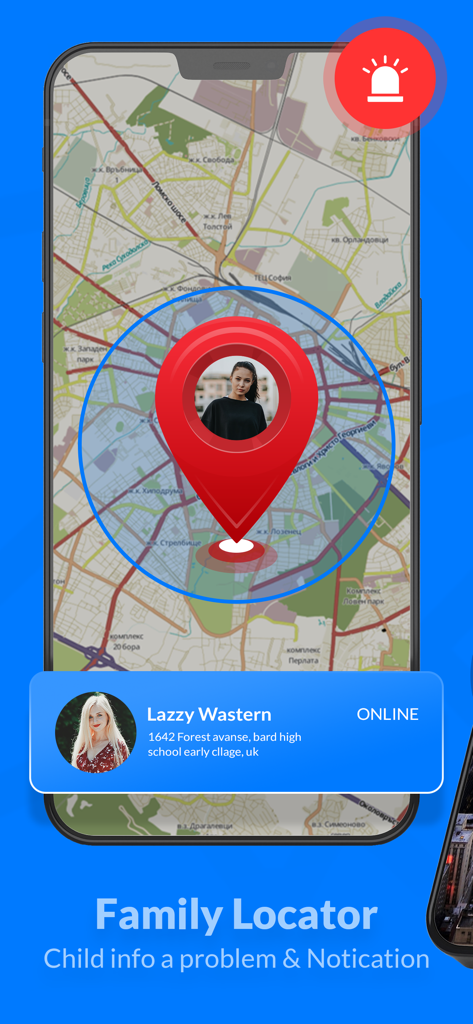 Find My Friends Family Locator - Interfaz de la aplicación Family Locator que muestra la ubicación GPS en tiempo real de un miembro del círculo en un mapa con una notificación de estado en línea