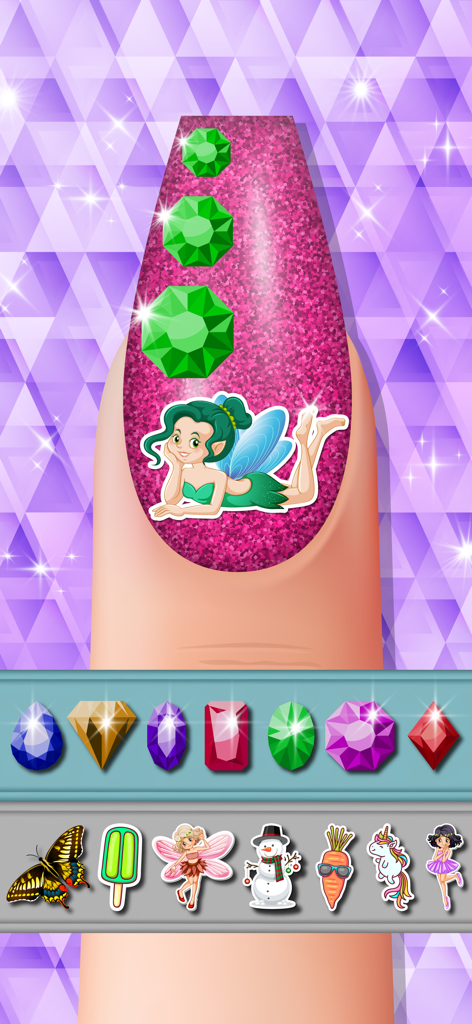 Acrylic Nail Salon Girls Games - Pink glitter nail with green gems and a fairy sticker in a nail salon game.