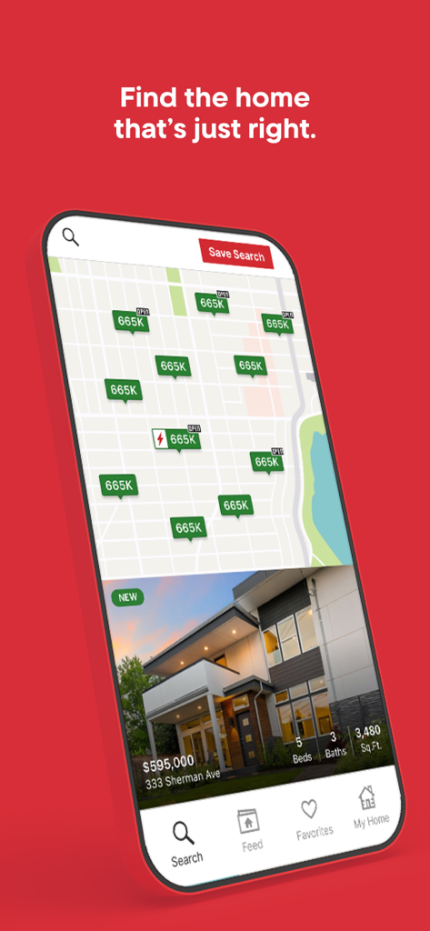 Redfin mobile app interface displaying real estate listings on a map and detailed home information.