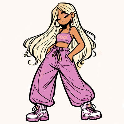 girl in baggy pants crop top and long hair
