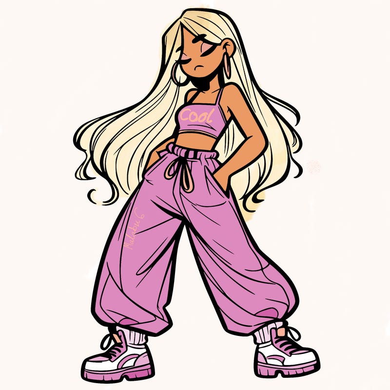 girl in baggy pants crop top and long hair