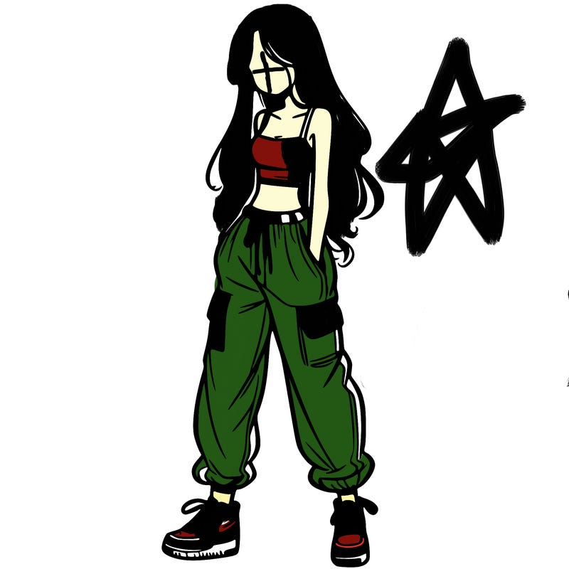 girl in baggy pants crop top and long hair