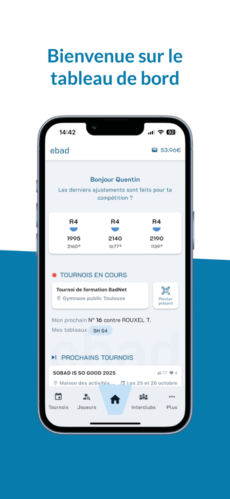 ebad - Tableau de bord de l'application mobile ebad affichant les classements des joueurs de badminton et les informations sur les tournois