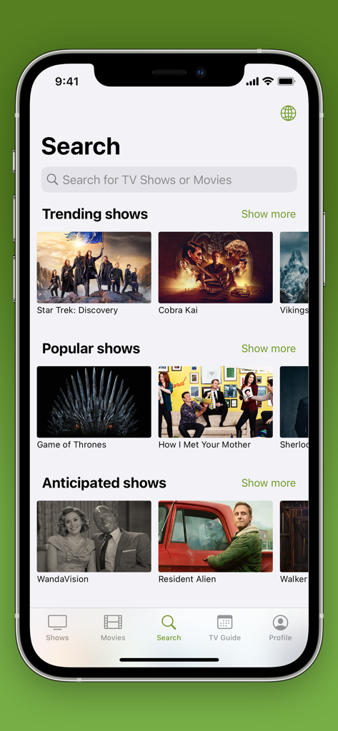 La schermata di ricerca di The WatchApp 2 visualizza le categorie per show TV di tendenza, popolari e attesi su un iPhone