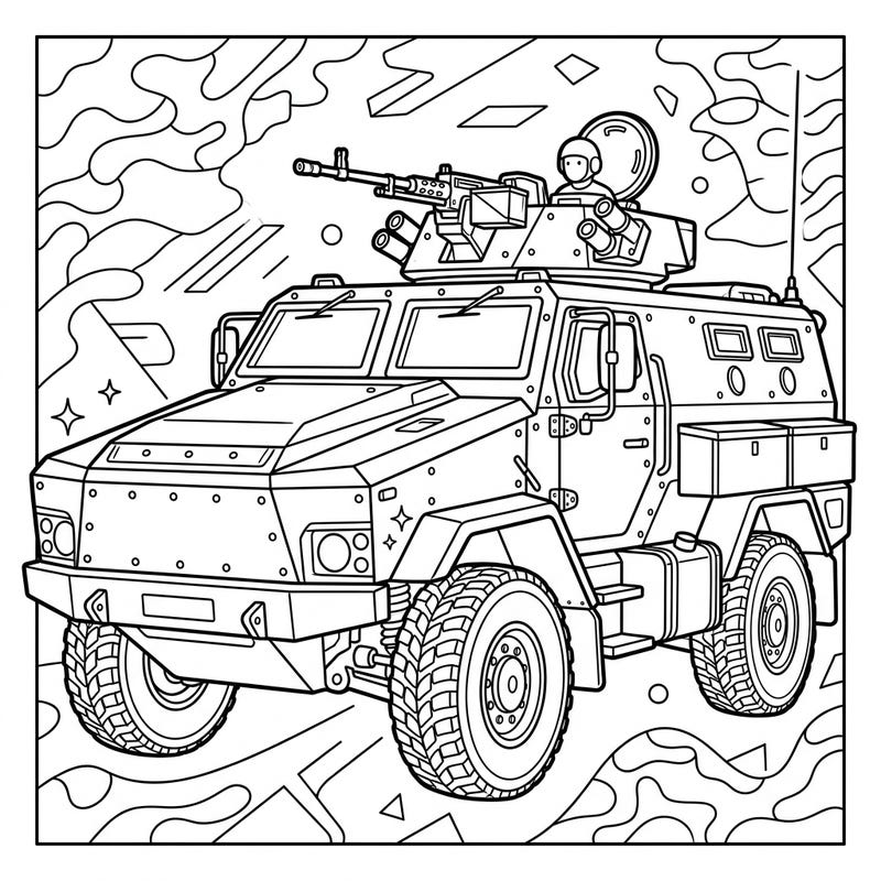 Dive into the world of military vehicles with this detailed armored personnel carrier coloring page. Explore the intricate features of this robust machine and bring it to life with your favorite colors.